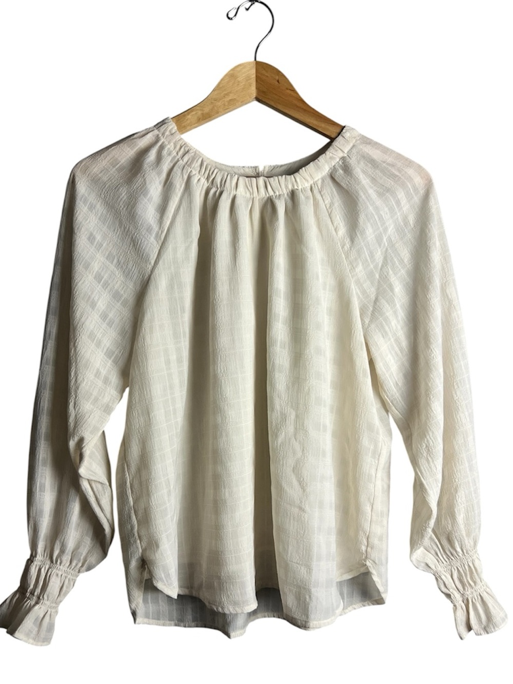 LOfT Cream Plaid Sheer Blouse Long Smocked Ruffle Sleeve Top Size S